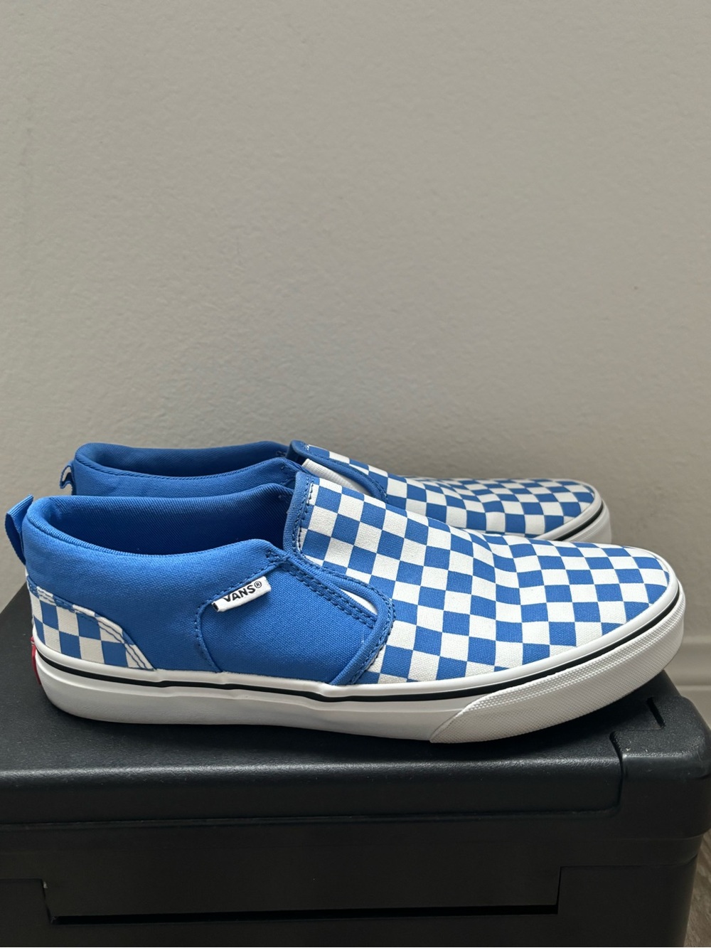 Vans Women's Blue and White Checkerboard Slip-On Sneakers